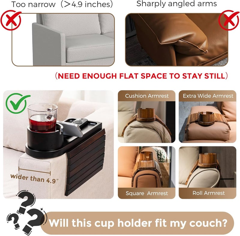 TOMLYOP Couch Cup Holder for Armrests Over 4.9" Wide, Bamboo Couch Arm Tray with 360° Rotating Phone Stand, 3 in 1 Foldable Sofa Arm Tray Table for Remote, Snacks, Phone, Drinks Walnut - Image 4